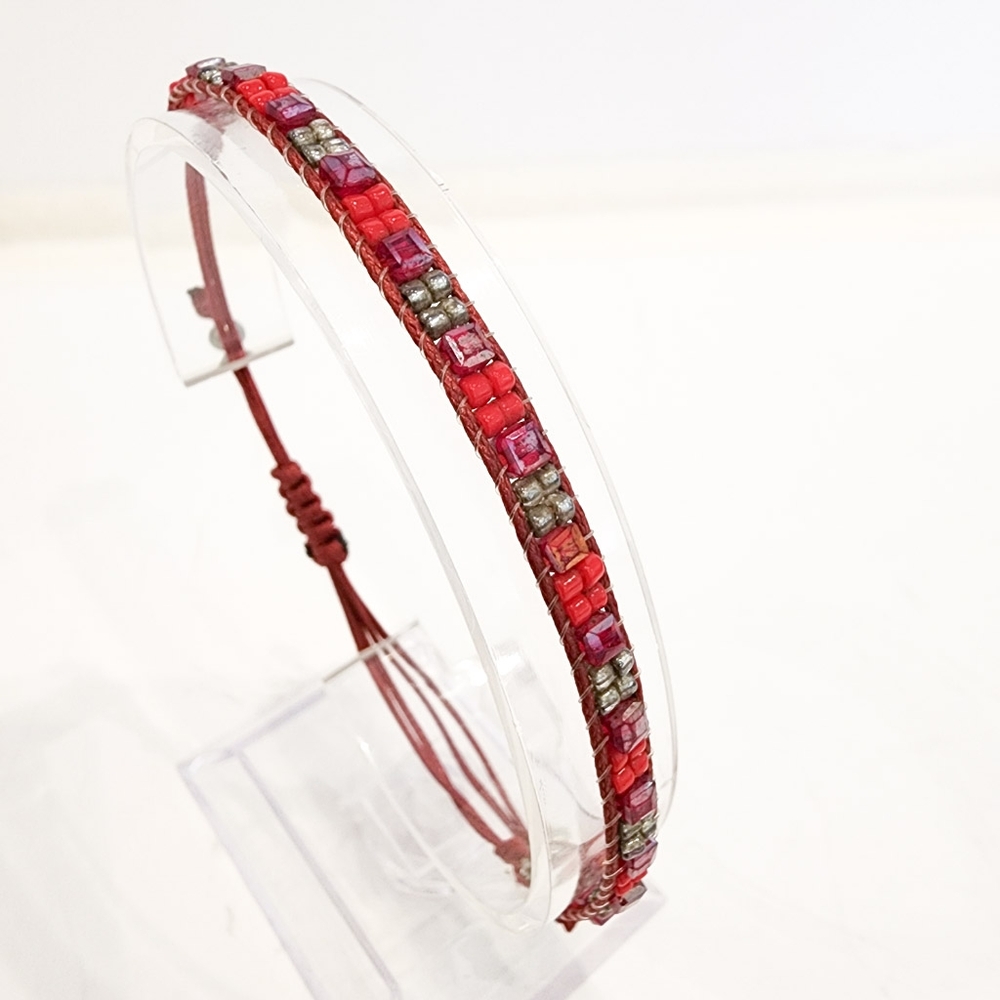 Boho dainty bracelet dainty seed beads adjustable length pink orange red silver